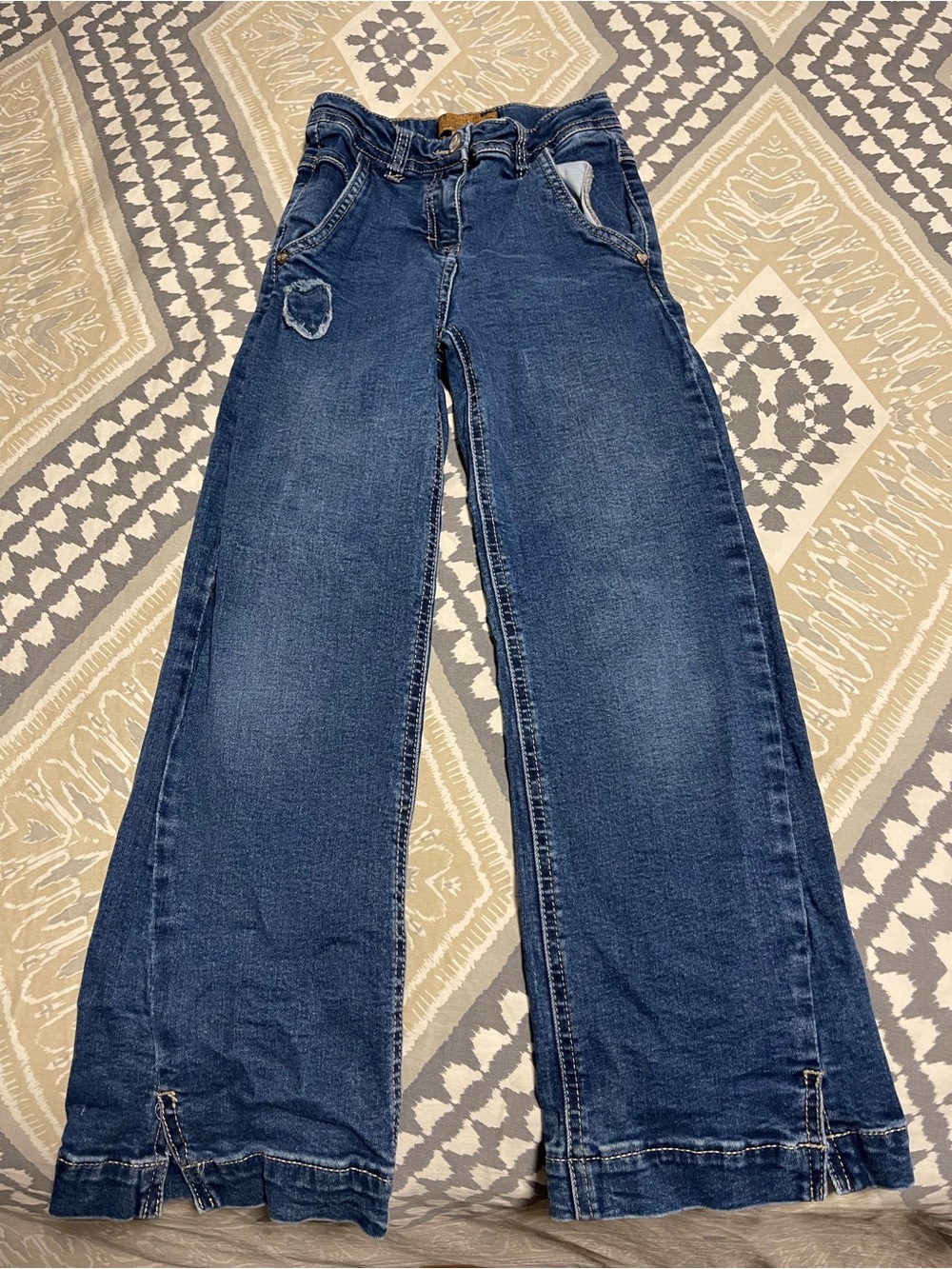 Girls Dark Blue Denim Jeans with Heart Embroidery